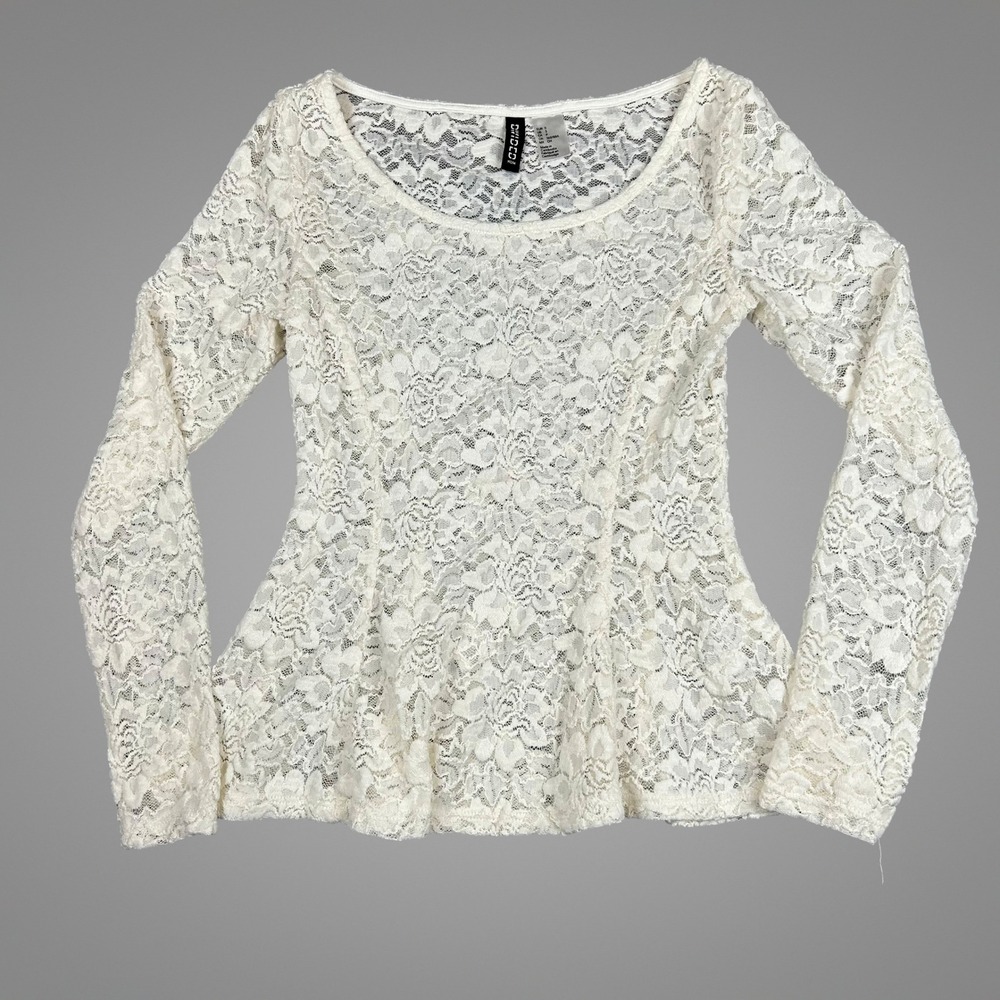 EUC H&M Divided Cream Stretch Floral Lace Peplum Romantic Coquette Sheer Top S
